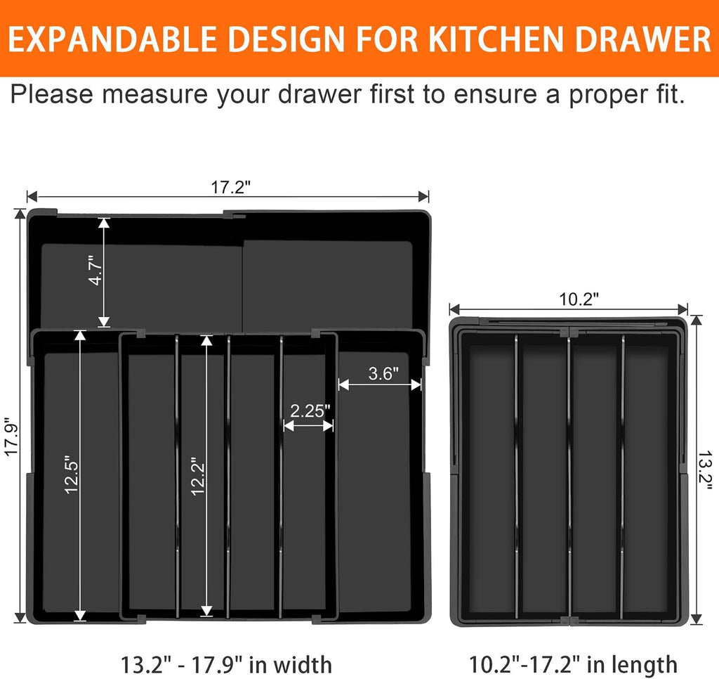Silverware Organizer - Expandable Kitchen Drawer Organizer BPA-Free Silverware Drawer Organizer, Stackable Cutlery Tray for Forks, Knives, Slim Kitchen Organizers and Storage, Black, Large