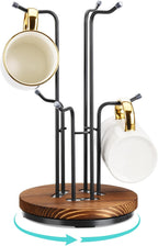 HULISEN 360° Rotating Mug Tree for Large Cups, Counter Coffee Mug Holder with 6 Hooks, Metal Coffee Cup Rack Stand for Countertop with Stable Wooden Base, Kitchen Counter Decor