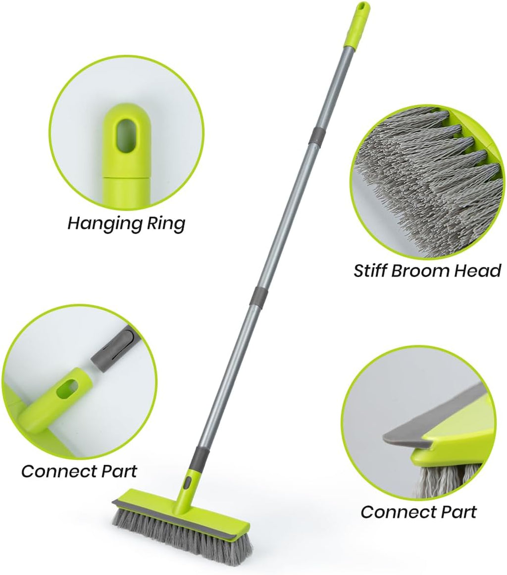Floor Scrub Brush 2 in 1 Scrubber and Squeegee, Stiff Bristle Deck Brush for Cleaning Concrete, Patio, Garage, Kitchen, Carpet and Bathroom 57" Long Handle