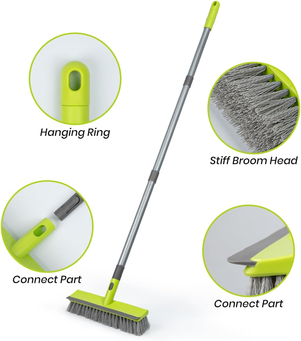 Floor Scrub Brush 2 in 1 Scrubber and Squeegee, Stiff Bristle Deck Brush for Cleaning Concrete, Patio, Garage, Kitchen, Carpet and Bathroom 57" Long Handle