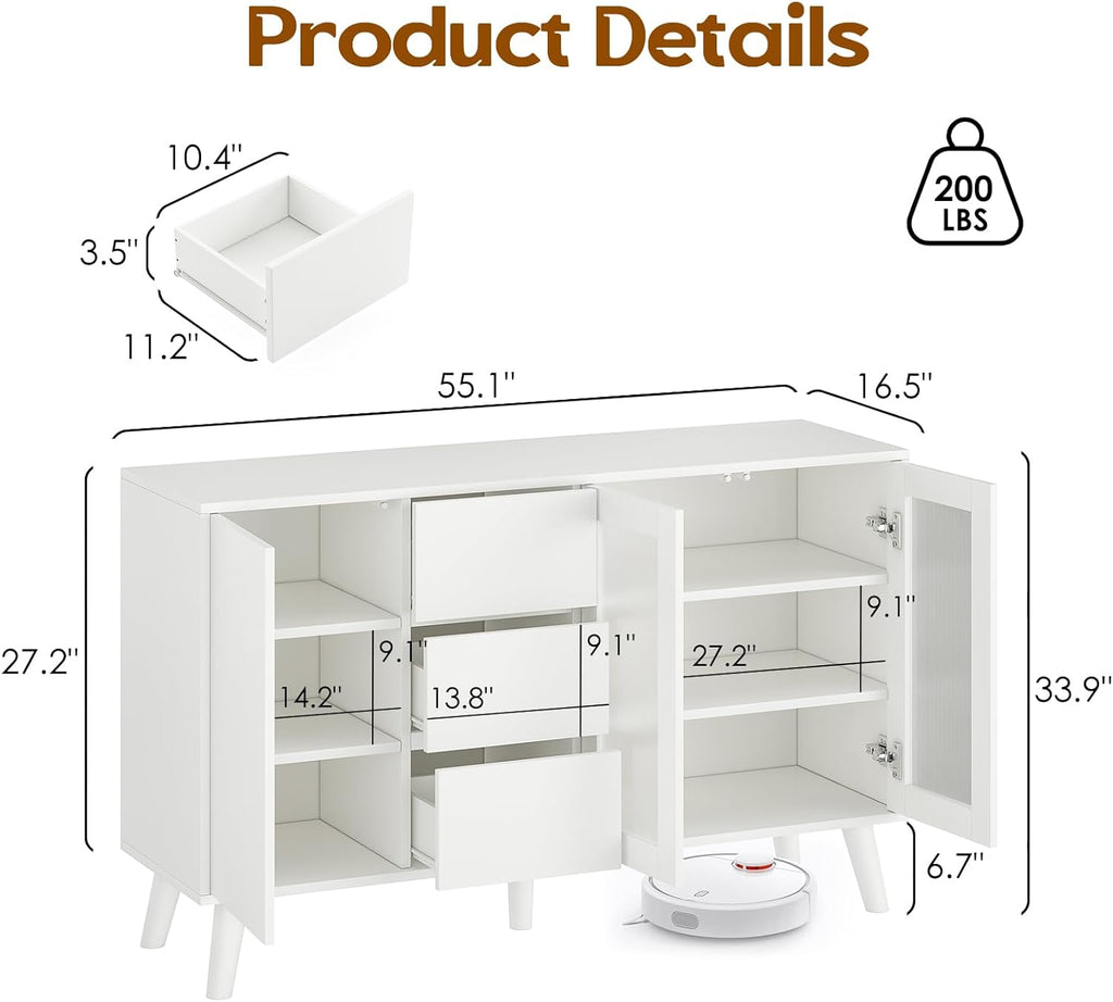 Soohow Farmhouse Buffet Cabinet, 55.5" Coffee Bar with 3 Drawers and Pop-Up Doors, Large Rustic Sideboard for Dining Room, Kitchen, Hallway, and Living Room