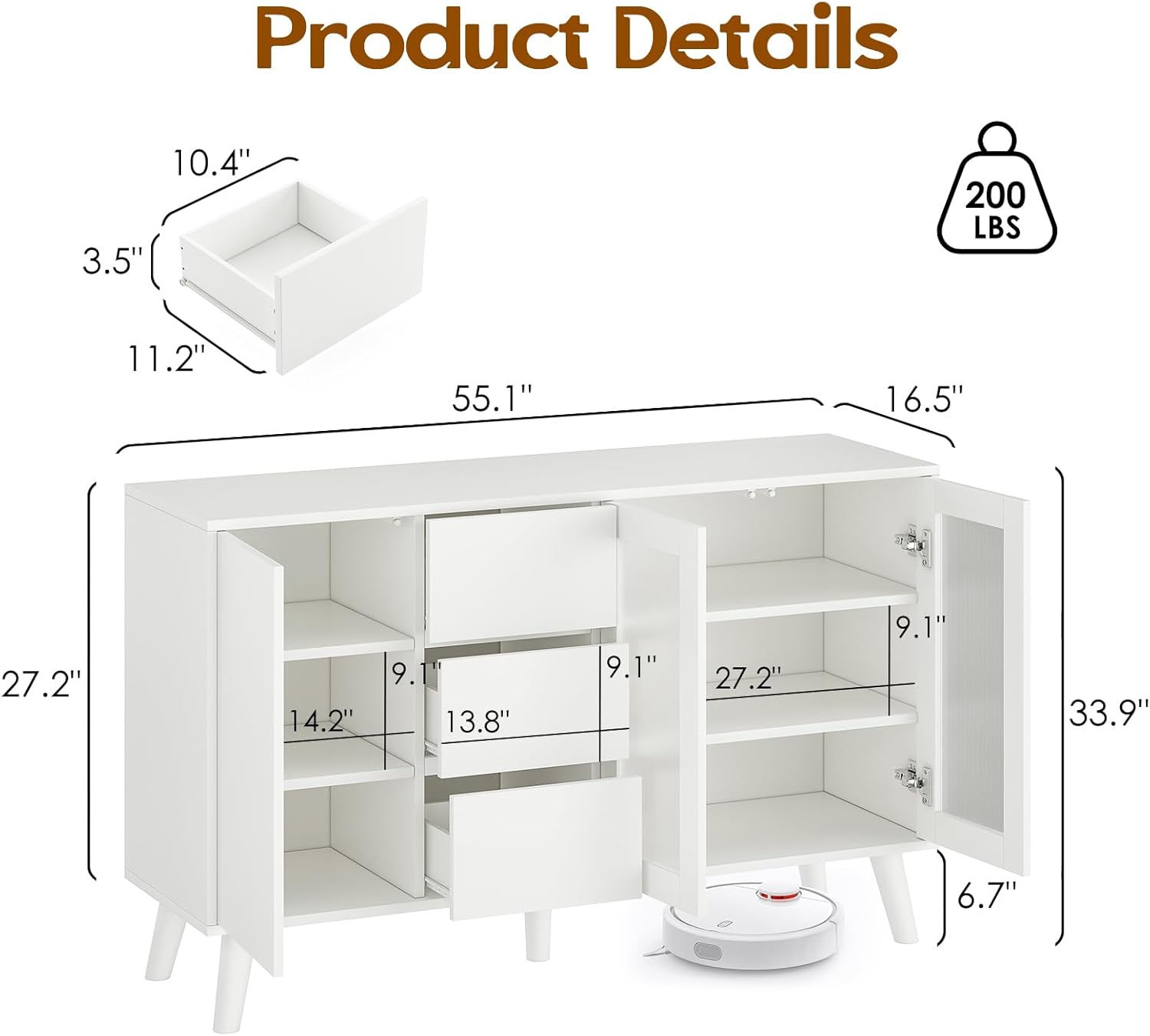 Soohow Farmhouse Buffet Cabinet, 55.5" Coffee Bar with 3 Drawers and Pop-Up Doors, Large Rustic Sideboard for Dining Room, Kitchen, Hallway, and Living Room