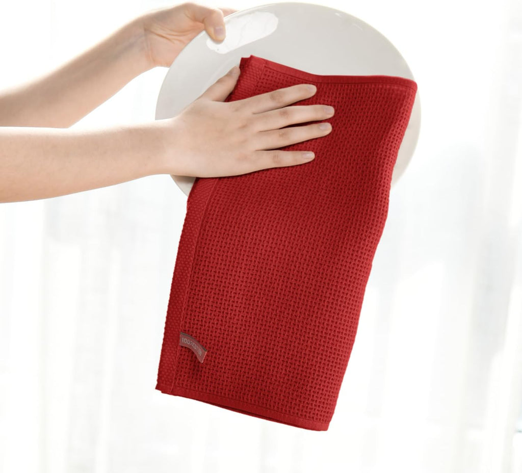Artoid Mode 100% Cotton Dark Red Waffle Weave Kitchen Dish Cloths, 13x28 Inch Ultra Soft Absorbent Quick Drying Kitchen Dish Towels Set of 4