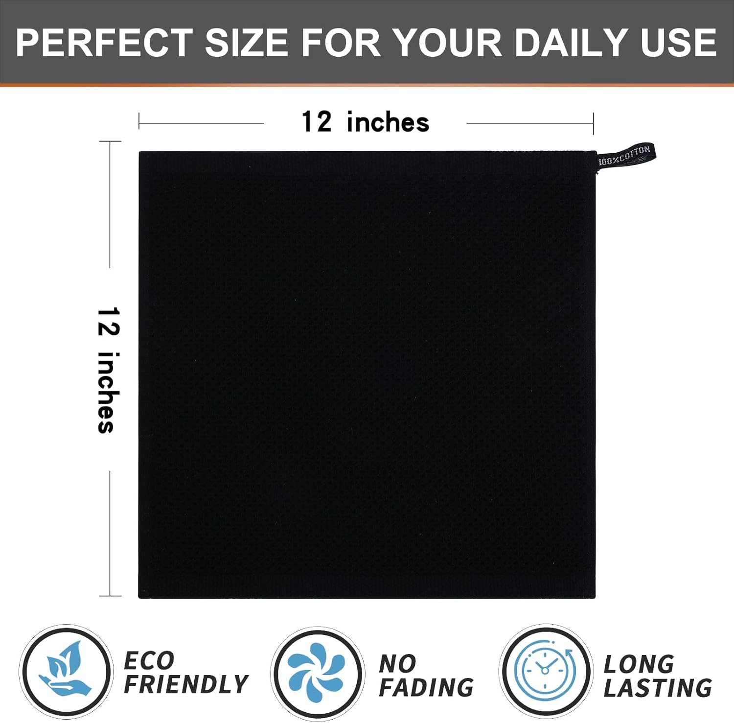 Kitinjoy 100% Cotton Kitchen Dish Cloths, 12 Pack Waffle Weave Ultra Soft Absorbent Dish Towels for Drying Dishes Quick Drying Kitchen Towels Dish Rags, 12 X 12Inch, Black