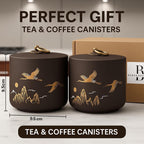 Bare & Balanced Premium Ceramic Tea Canister Set – Handcrafted Storage Jars with Airtight Lids | Crane & Mountain Design | Ideal for Tea, Coffee, Spices | Gift-Ready Box (Charcoal Brown)