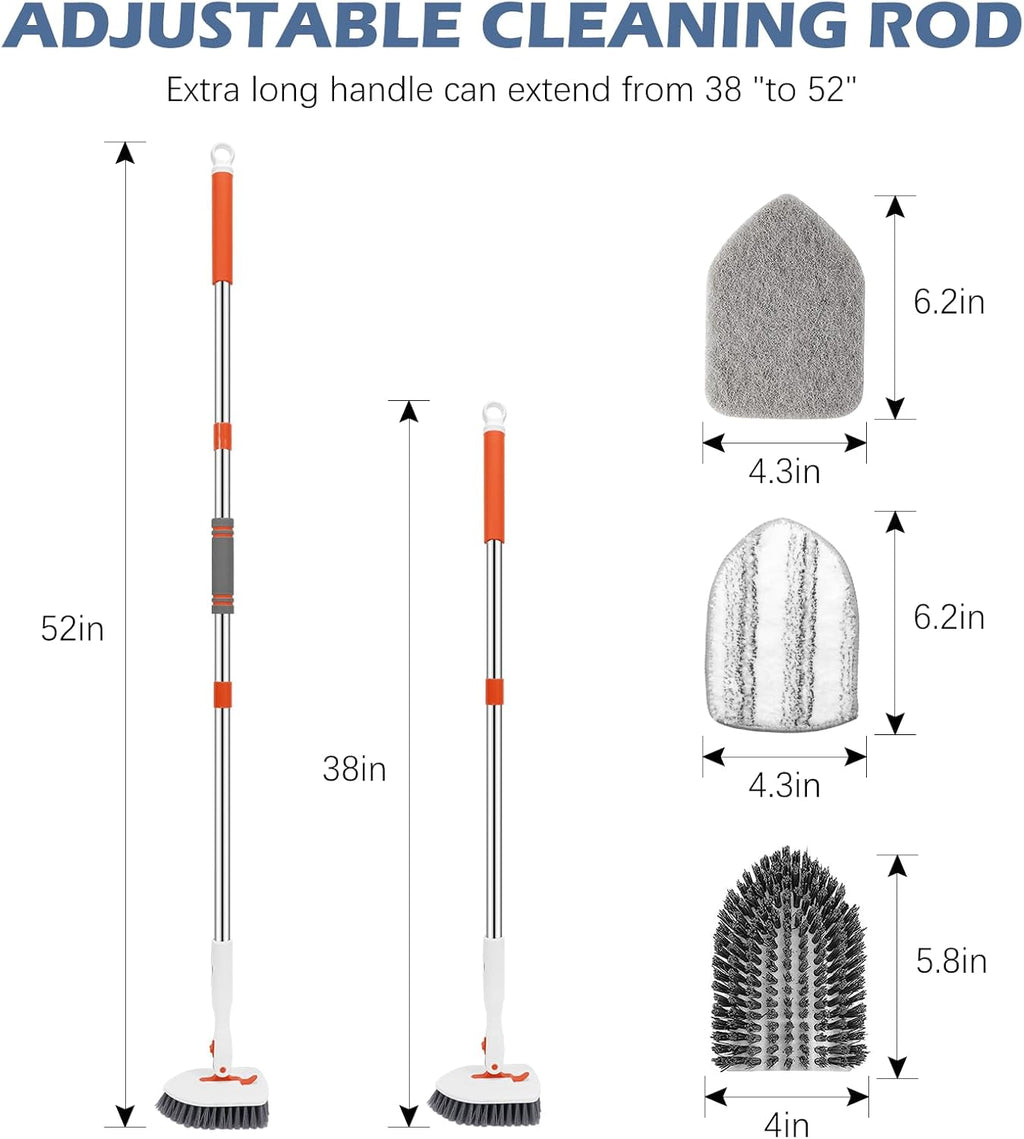SetSail Floor Scrub Brush, 3-In-1 Tile Tub Floor Scrubber with 52-inch Adjustable Long Handle Shower Cleaner Brush and 4 Detachable Replacement Brush Heads for Cleaning Bathroom Kitchen Walls Tub Tile