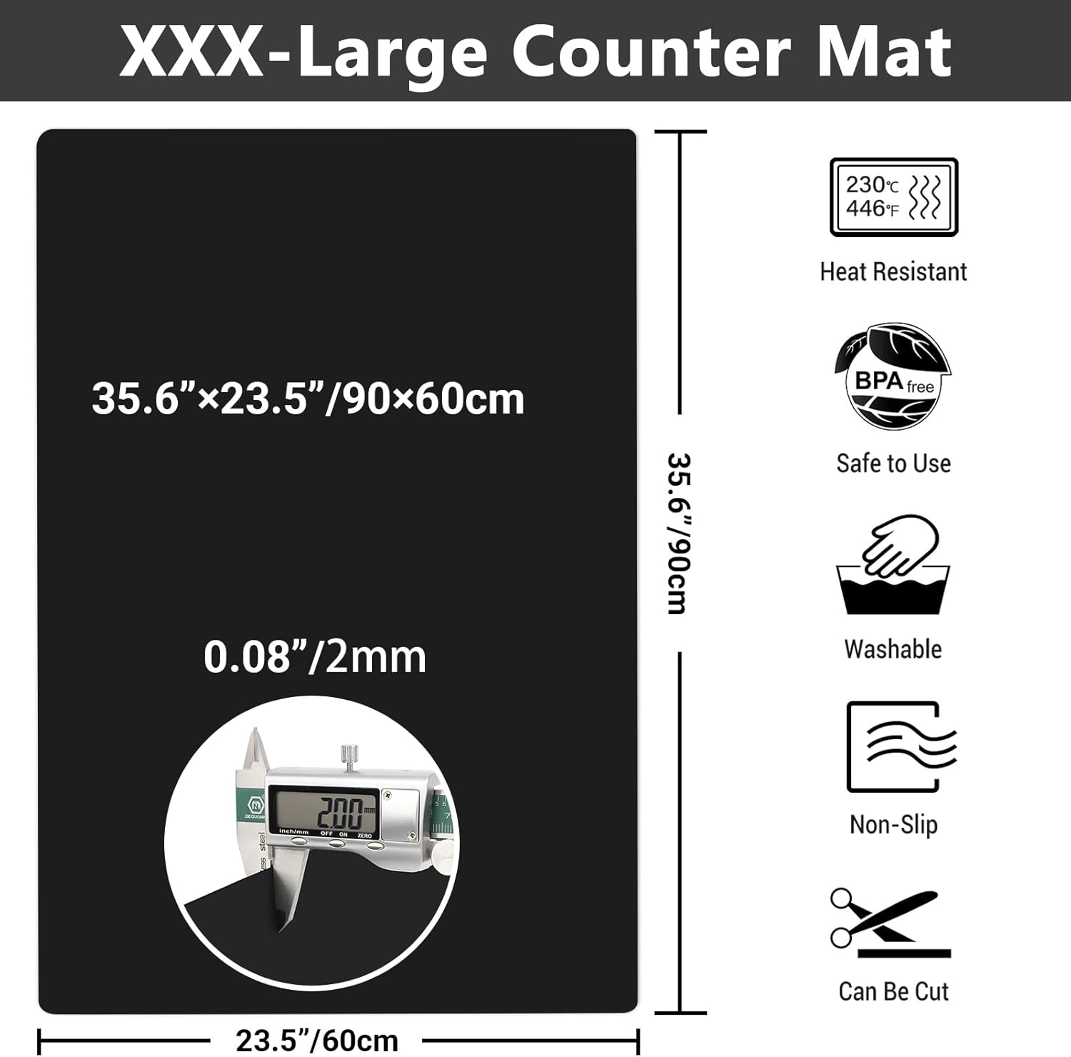 Ewen 35.6x23.5 Inch Extra Large Silicone Mats for Kitchen Counter, 2MM Thick Heat Resistant Coffee Mat Bar Mat, Glass Top Stove Cover Countertop Protector for Air Fryer, Baking, Crafts, Black