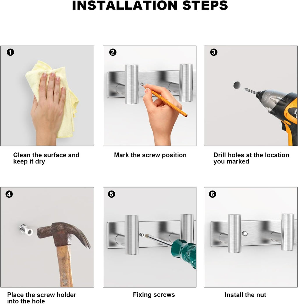 VAEHOLD Silver Hat and Coat Wall Mount Rack - Coat Rack with 4 Hooks for Robes, Bags, Keys, and Towels - Bathroom Towel Hanger Organizer (2 Pack)