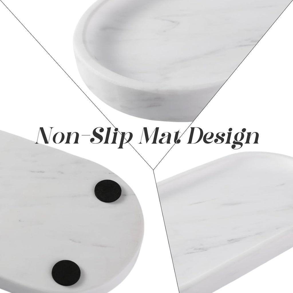 Koville White Marble Oval Tray for Bathroom Countertop, 10" x 5" Natural Marble Vanity Trays, Stone Perfume Organizer Tray for Decor, Jewelry Dish Perfume Trays for Dresser