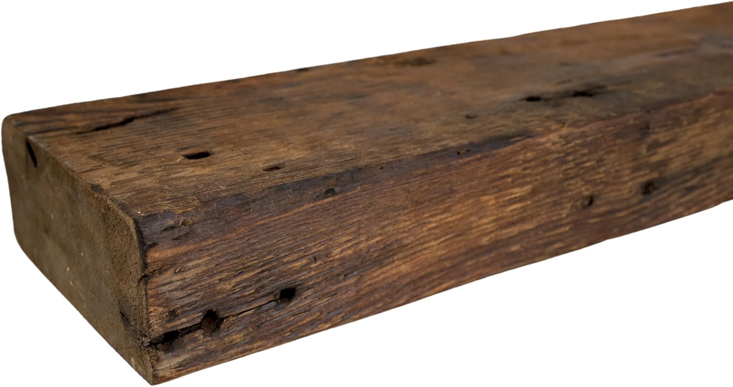 Modern Timber Craft Reclaimed Wood Fireplace Mantel Shelf | Solid Rustic American Barnwood with Floating Shelf Brackets | 2.75" Thickness | 96" L x 5" D, Rustic Original - Oiled
