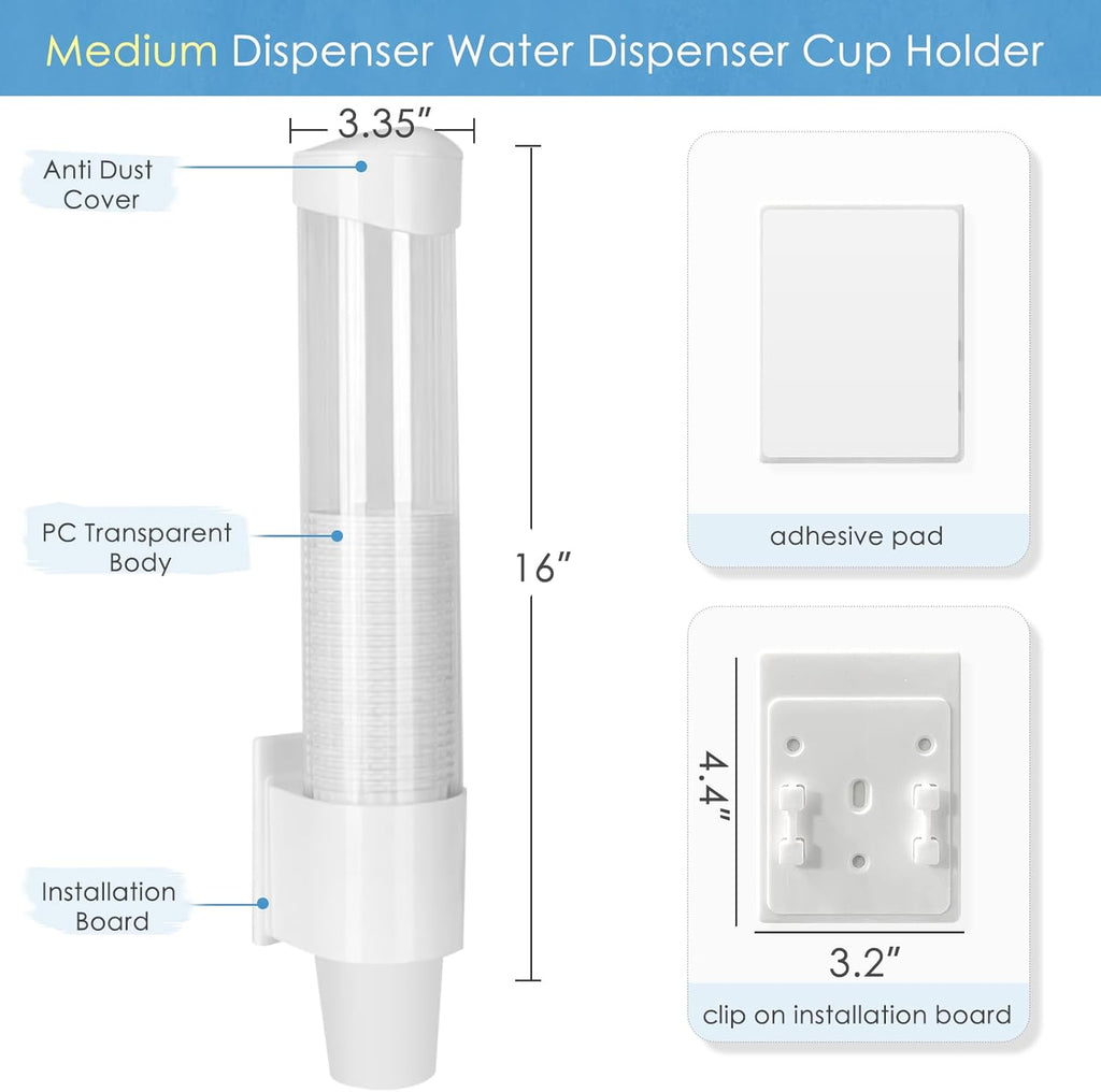 Cup Dispenser Medium Pull Type, Paste or Screw Plate Mountable Cup Holder, Fits 5oz - 7oz Cone or Flat Bottom Cups, 16” Tube Length, Mounting Water Dispenser Cooler or Wall (Medium, White)