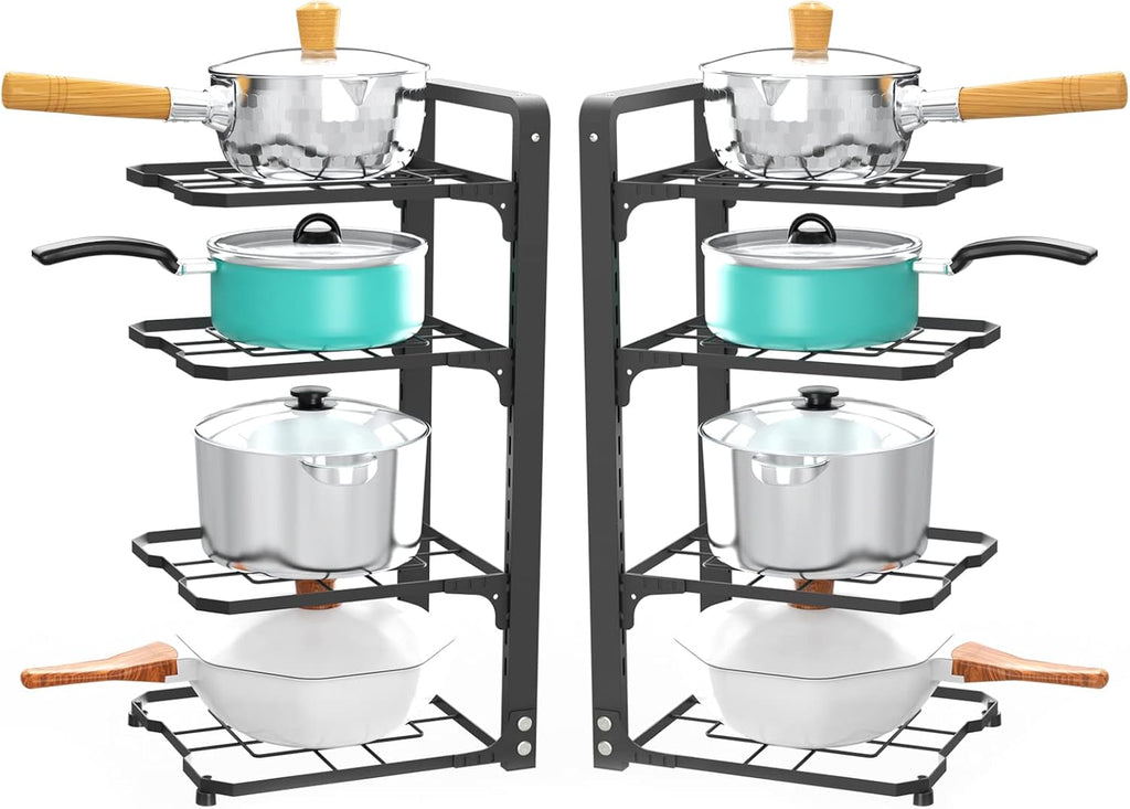 2 Pack Pot and Pan Organizer Rack, Heavy Duty Carbon Steel, Adjustable Tiers, Rustproof, Space Saver