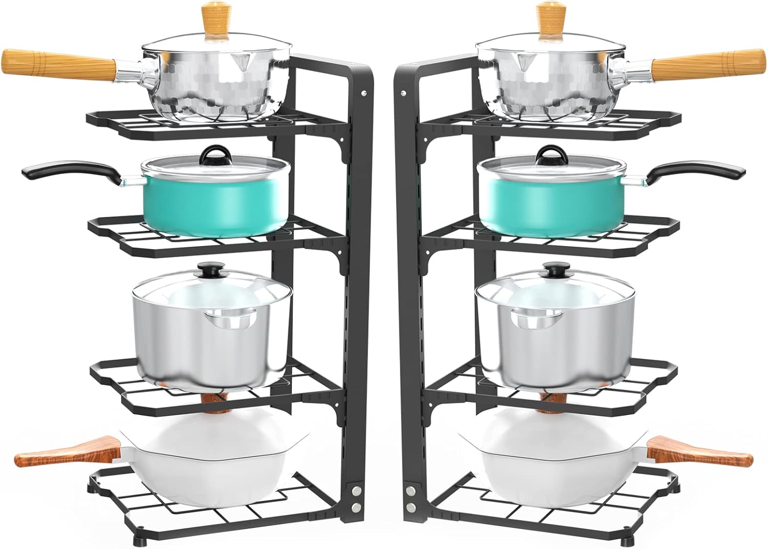 2 Pack Pot and Pan Organizer Rack, Heavy Duty Carbon Steel, Adjustable Tiers, Rustproof, Space Saver