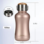 YOHKOH Mini Insulated Water Bottle With Bamboo Lid - 8.8oz Small Vacuum Insulated Water Bottle for Women Kids, 12 Hrs Hot & 24 Hrs Cold Stainless Steel Thermos Leak-Proof BPA-Free (8.8oz,Gold)