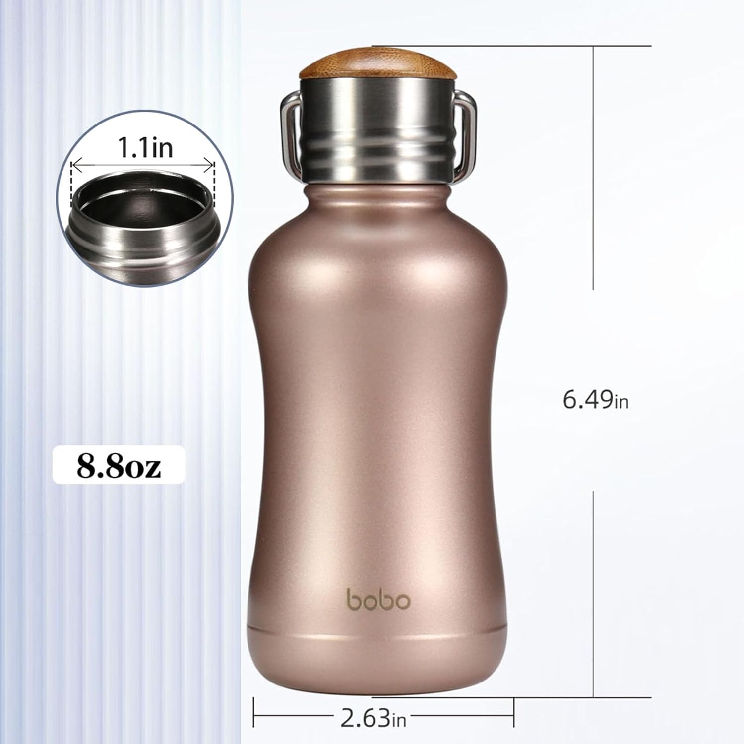 YOHKOH Mini Insulated Water Bottle With Bamboo Lid - 8.8oz Small Vacuum Insulated Water Bottle for Women Kids, 12 Hrs Hot & 24 Hrs Cold Stainless Steel Thermos Leak-Proof BPA-Free (8.8oz,Gold)