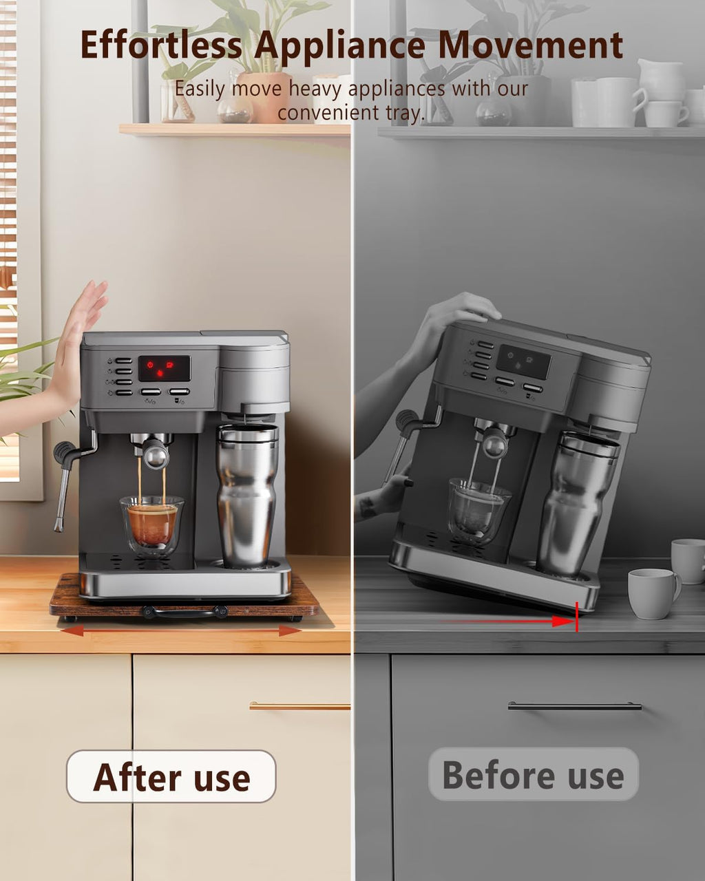 Appliance Slider, Sliding Tray for Coffee Maker, Coffee Pot Slider for Countertop, Kitchen Appliance Rolling Tray with Rubber Wheels (Rustic Brown, Large - Wide (16" X 12.5"))