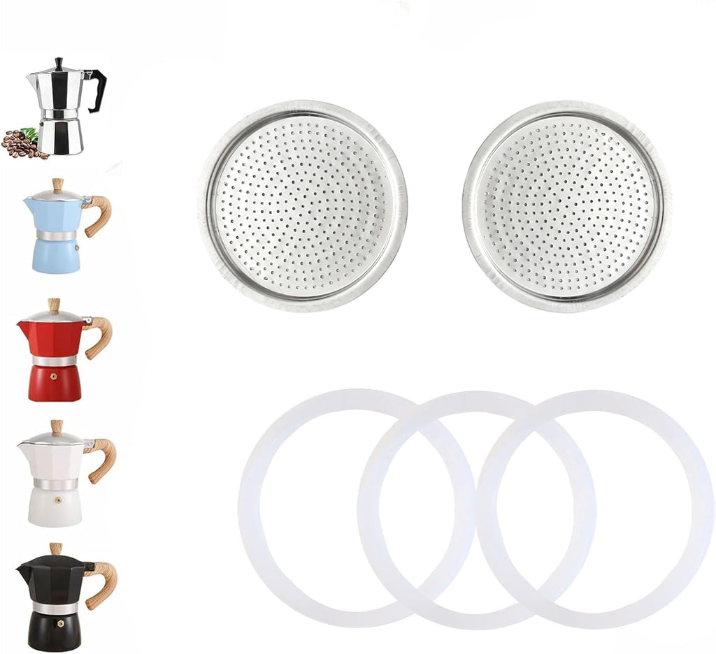 2 Pcs Filter with 3 Pcs Silicone Gasket Seals for 2 Cup Stovetop Espresso Coffee Maker Replacement Parts for DITOSH Aluminium Moka Pot