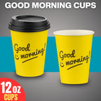 Smygoods Disposable Coffee Cups with Lids, To Go Paper Hot Cups, Good Morning Design (12 OZ, 50 Count) For Hot Beverages, Coffee, Tea, Espresso, Cocoa - Vasos Para Cafe