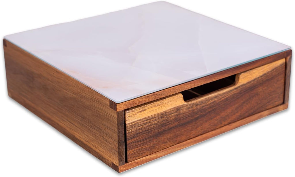 Tempered Glass and Natural Wood Coffee Pod Drawer Organizer - 20 Capsule Multifunctional K Cup Storage | Countertop Coffee Station Organizer for Home/Office (White)