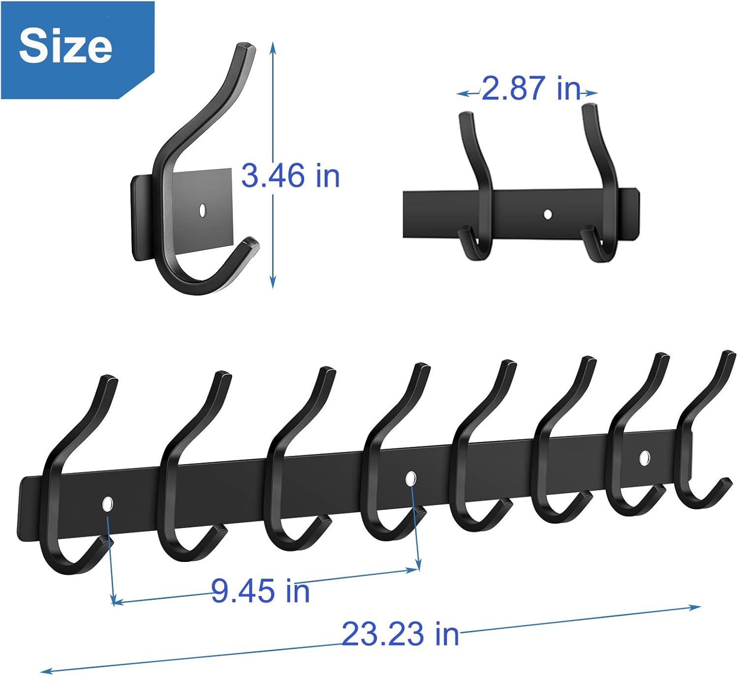 Wall Hooks Heavy Duty, 23 Inch Coat Rack Wall Mount with 8 Hooks, Black Wall Hooks for Hanging Backpack, Bag, Purse, Clothes, Hat, Coat, Towel | Entryway & Bathroom Storage Organization Hanger