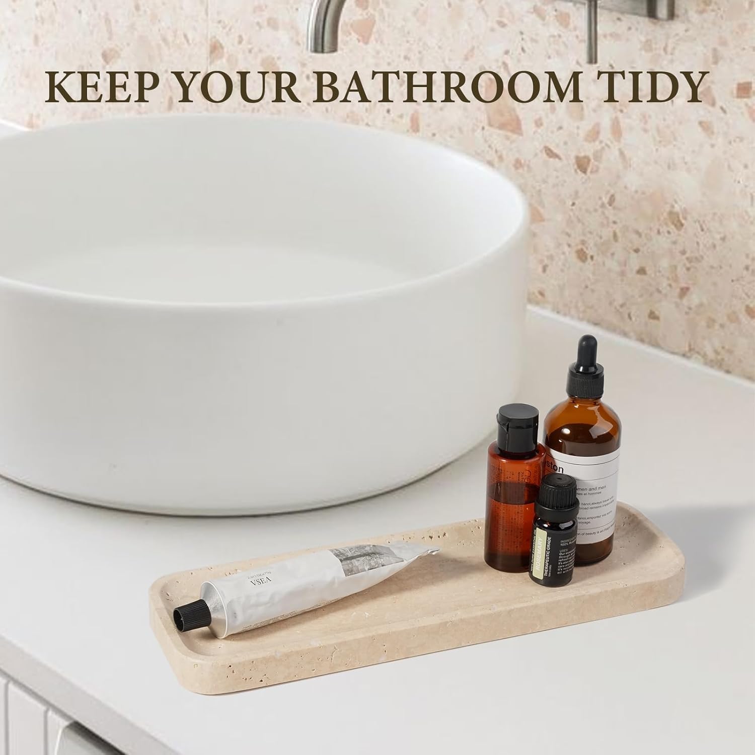 Koville Marble Tray, 12"x8" Marble Vanity Tray for Bathroom Kitchen Countertop, Rectangular Stone Tray for Cosmetics Perfume Trinket, Decorative Catchall Trays (12"x4"-Travertine)