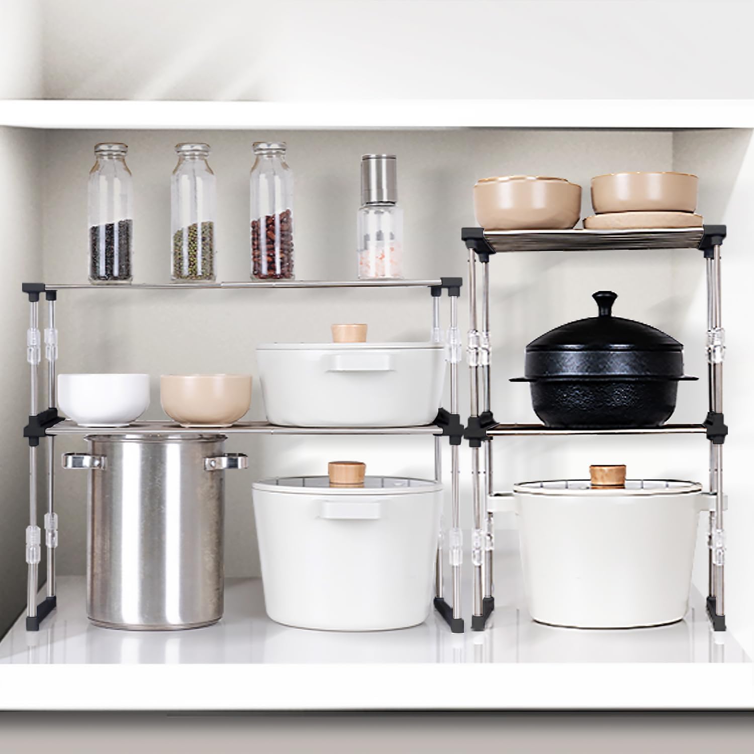 carrotez Expandable Cabinet Organizer, Set of 1 Width & Height-Adjustable Kitchen Cabinet Organizer Shelf, Stackable Kitchen Counter Shelf, 11.8~19.6 x 7.8 x 5.9~9" Black