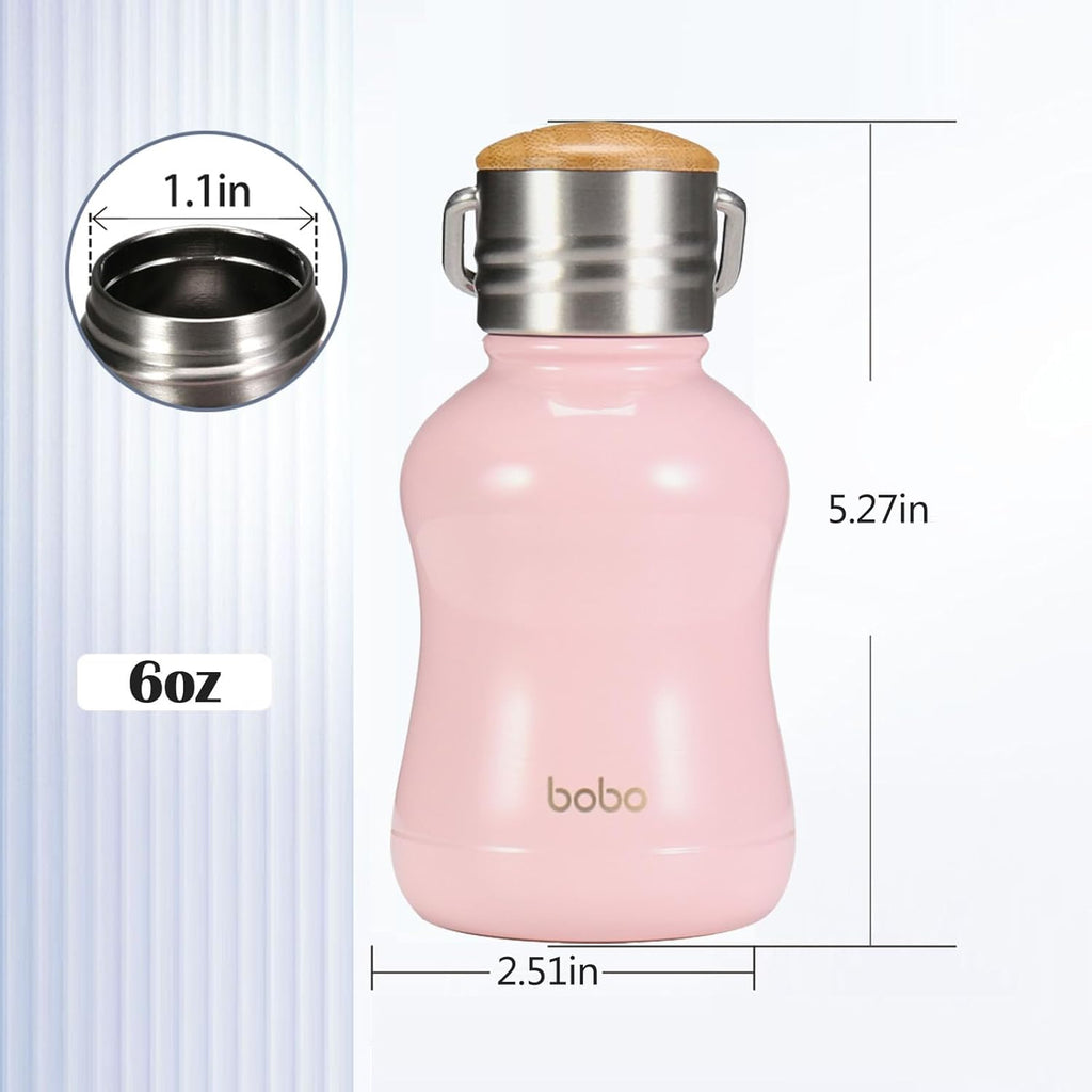 YOHKOH Mini Vacuum Insulated Water Bottle With Bamboo Lid - Stainless Steel Thermos Water Bottle for Women Girls Kids, Metal Sports Hot and Cold Water Bottle Leak-Proof BPA-Free (6.4oz,Pink)