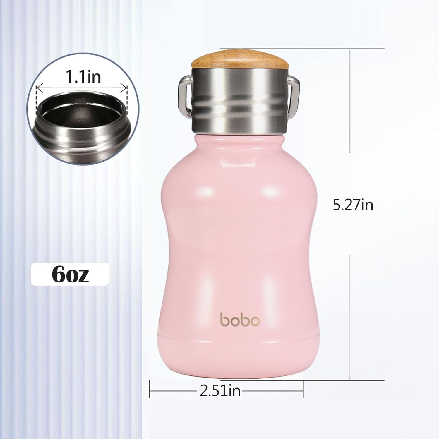 YOHKOH Mini Vacuum Insulated Water Bottle With Bamboo Lid - Stainless Steel Thermos Water Bottle for Women Girls Kids, Metal Sports Hot and Cold Water Bottle Leak-Proof BPA-Free (6.4oz,Pink)