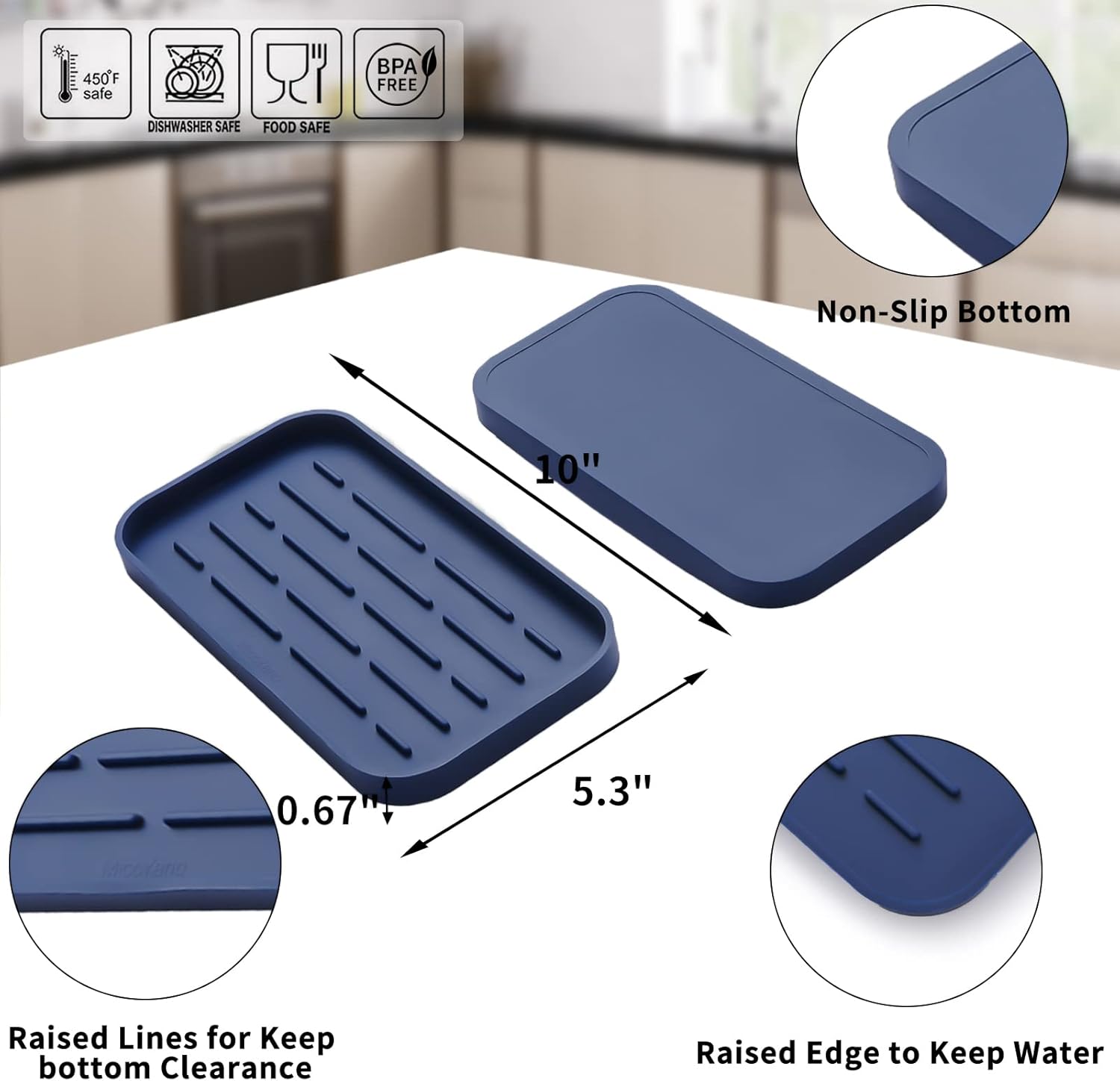 Silicone Kitchen Sink Organizer Tray for Multiple Usage,Eco-Friendly Sponges Holder for Kitchen Bathroom Counter or Sink,Dish Soap Dispenser,Scrubber,Bottle,Cup (Navy Blue, 10"×5.3")