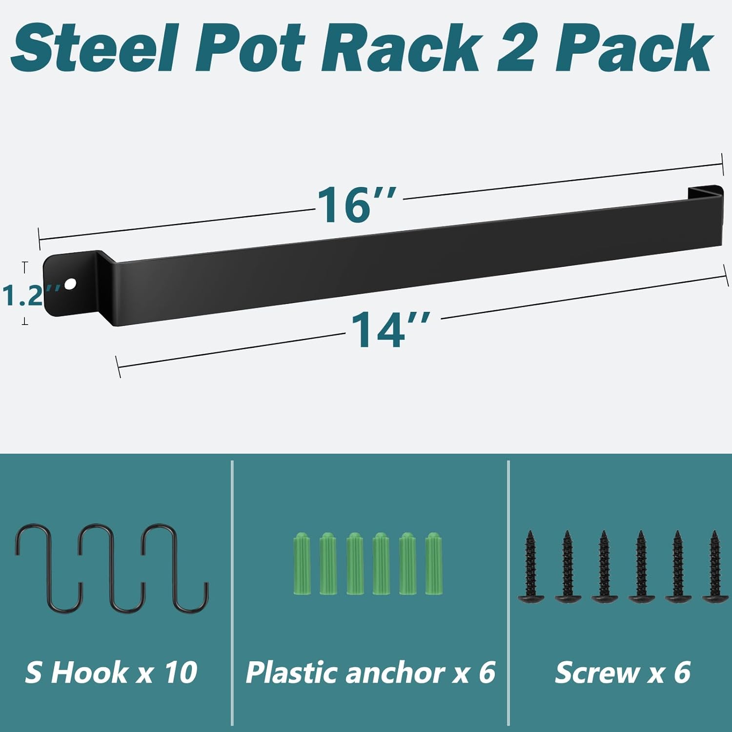 2 Pack Steel-made Kitchen Utensil Rack Organizer Wall-mounted Pot Pans Wall Hanger Holder for Coffee Mug Rack Cup Hanging Kitchen Black with 10 S Hooks