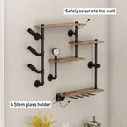 Wall Bar Shelves Industrial Pipe Shelving with 4 Stem Glass Holder, 4-Tiers Rustic Floating Wine Rack Wall Mounted Bar liquor Shelf, 42 in Hanging Wood Shelves Glass Rack, Living Room Kitchen Decor