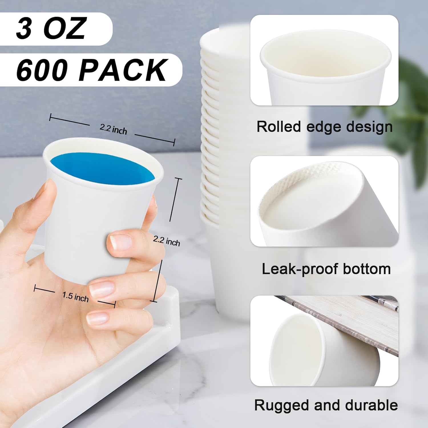 600 Pack 3 oz Paper Cups, Disposable Bathroom Cups, Small Mouthwash Cups, White Paper Cups, Hot/Cold Beverage Drinking Cup for Bathroom, Home, Party, Office, Picnic, Travel and Events