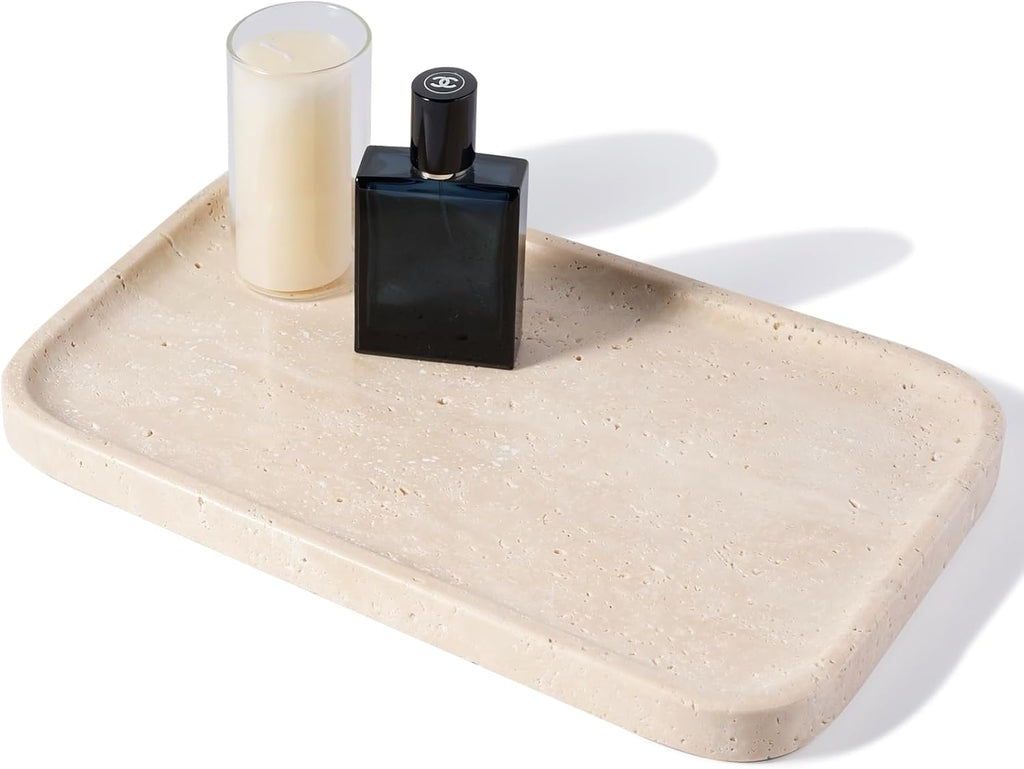 Travertine Vanity Tray, Stone Bathroom Tray for Countertop, 14'' Marble Decorative Dresser Trays, Large Serving Trays for Kitchen Counter, Storage for Kitchen Sink, Perfume, Jewelry Holder