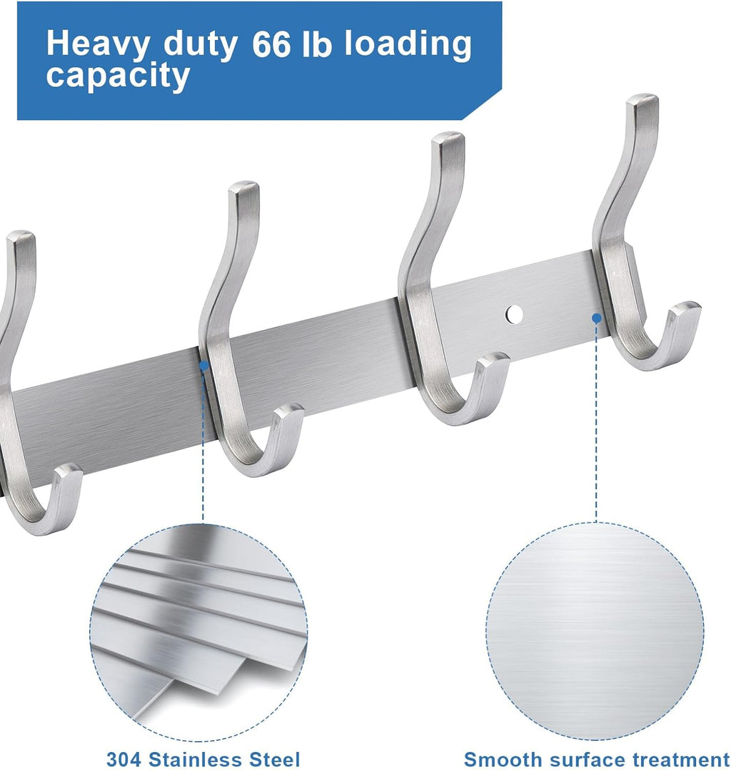 Wall Hooks Heavy Duty, 17 Inch Coat Rack Wall Mount with 6 Hooks,Silver Wall Hooks Hangers for Entryway, Bathroom - for Hanging Backpack, Bag, Coat, Purse, Hat, Towel, Clothes,2 Packs