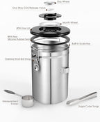 HAIOOU Airtight Coffee Canister, 16OZ Small Stainless Steel Coffee Bean Storage Container with Date Tracker, Measuring Scoop, CO2 Releasing Valves and Mini Tongs for Beans, Grounds and more - Silver