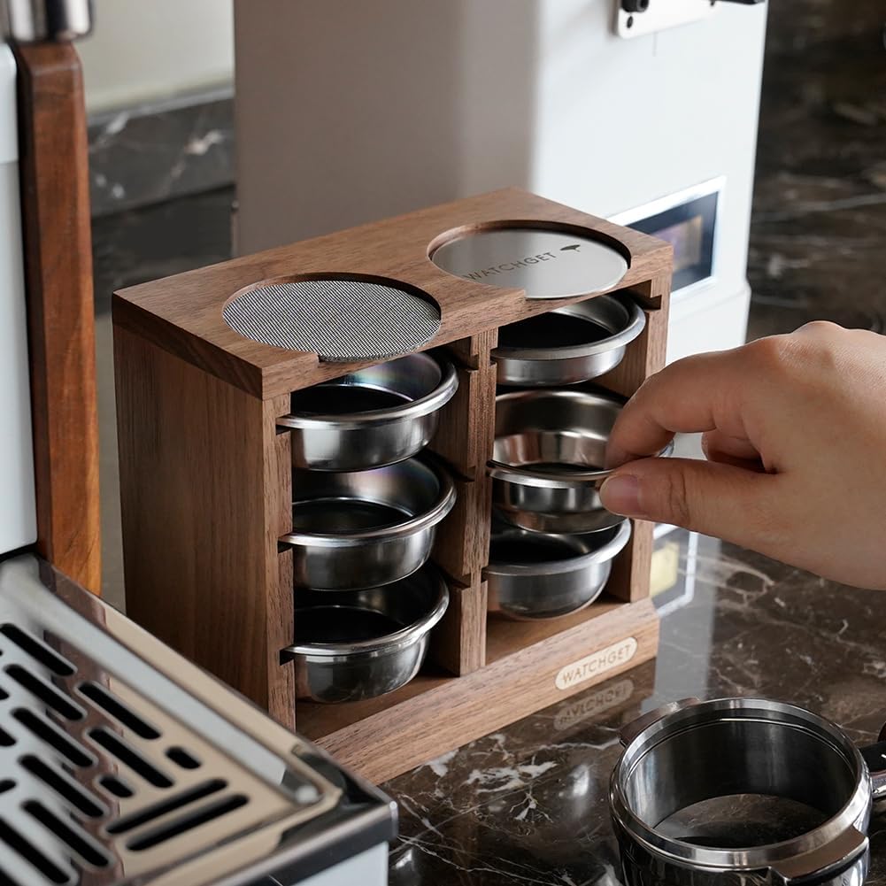watchget Horizontal Espresso Portafilter Filter Basket Holder Rack - Wooden Precision Basket Storage Stand for 58mm Espresso Machines and 58mm Coffee Puck Screens