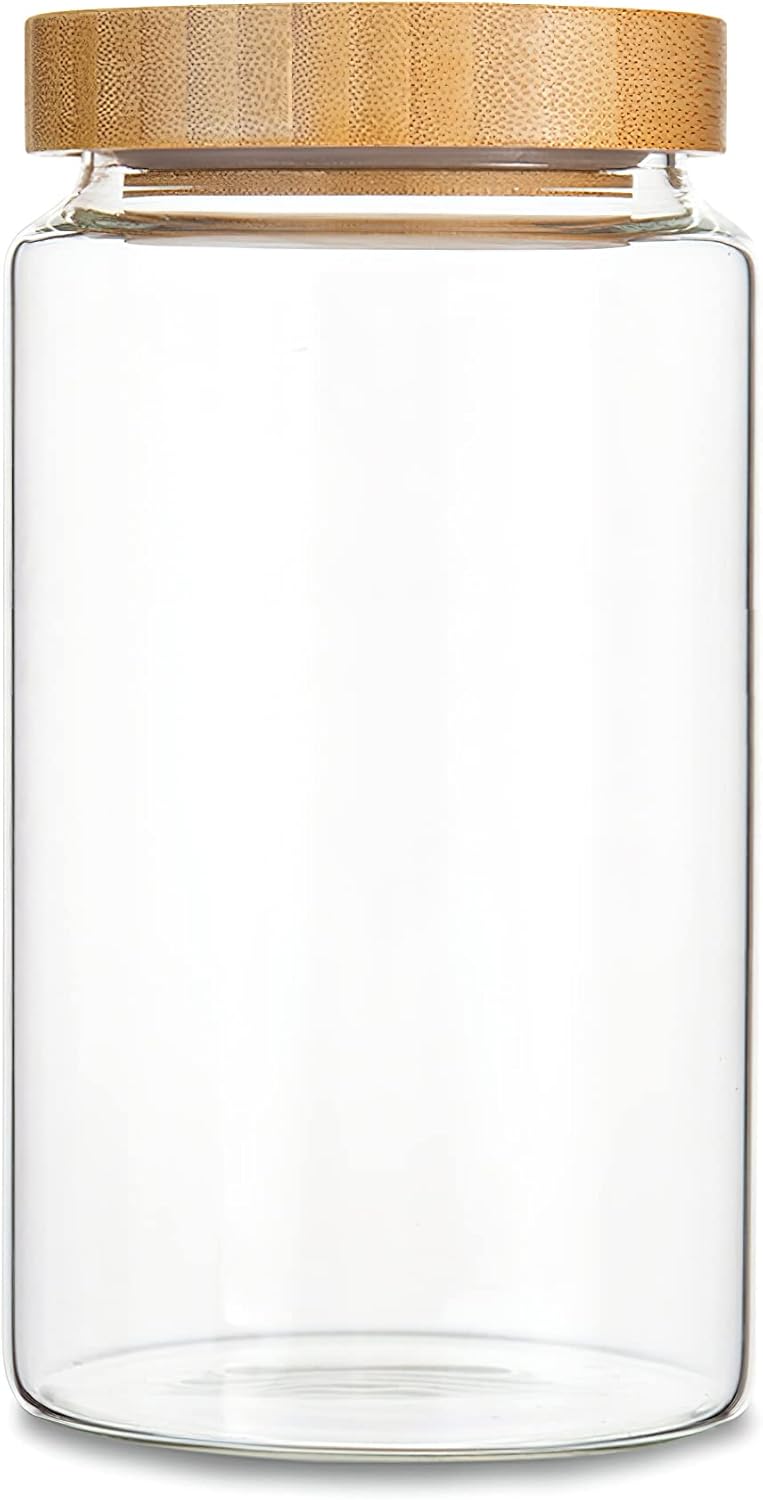 1200ML/42Oz Clear Cute Glass Storage Canister Holder with Airtight Bamboo Lid, Modern Decorative Large Container Jar for Coffee, Spice, Candy, Salt, Cookie, Condiment, Pepper, Sugar