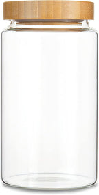 1200ML/42Oz Clear Cute Glass Storage Canister Holder with Airtight Bamboo Lid, Modern Decorative Large Container Jar for Coffee, Spice, Candy, Salt, Cookie, Condiment, Pepper, Sugar