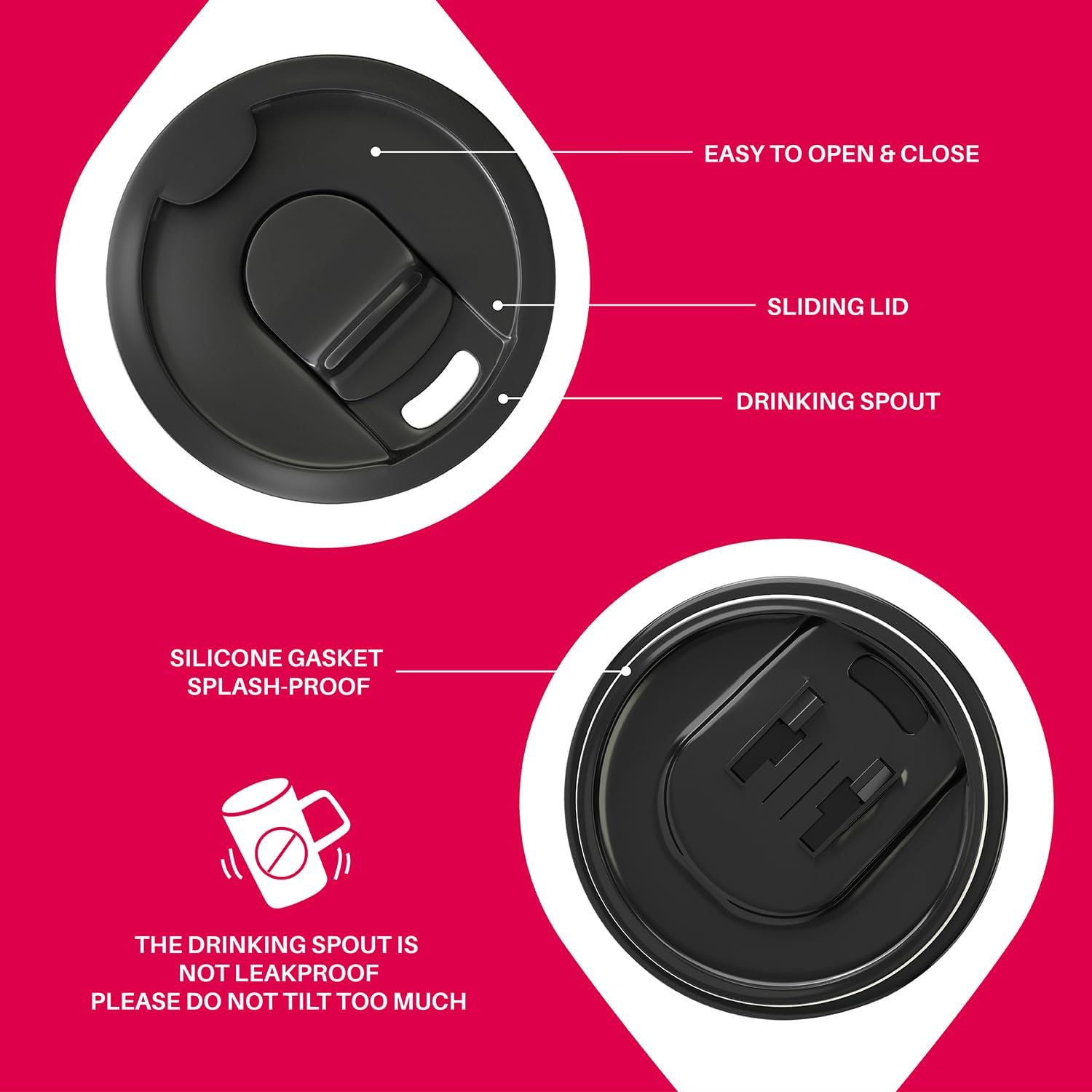 Ideus Vacuum Insulated Coffee Mug, 16oz Reusable Stainless Steel Thermal Double Walled cup with Handle and Slider Lid for Hot & Cold Beverages, BPA Free (Red Zebra)