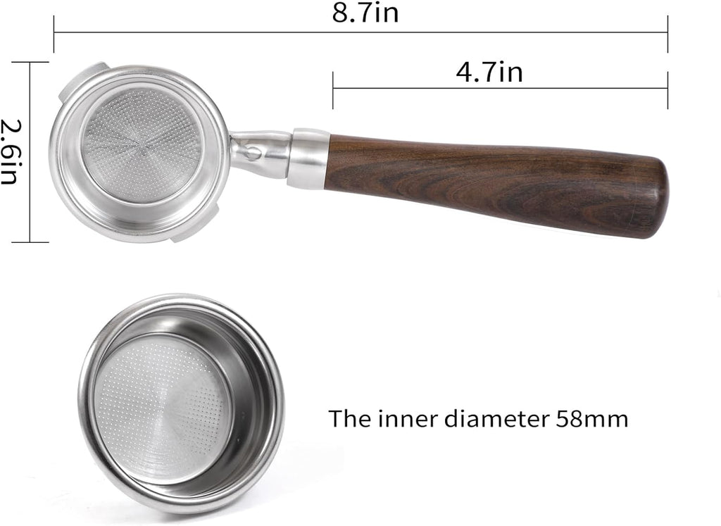 58mm Bottomless Portafilter with Double Shot Filter Basket & Wood Handle for Gaggia Classic, Espresso Pure, Color, Dose, Evolution, Baby Twin and More Semi-Automatic Espresso Machine