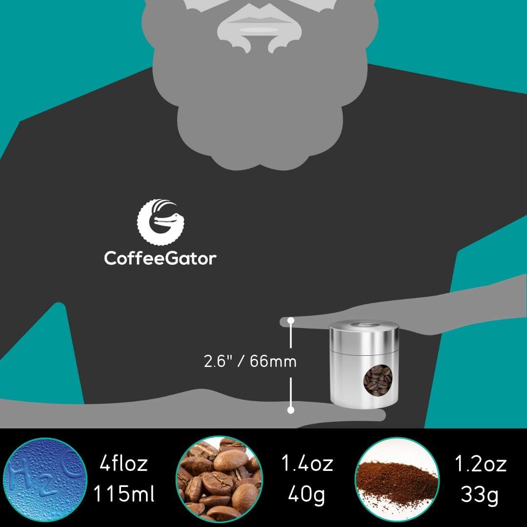 Coffee Gator Mini Coffee Canister- 4oz Borosilicate Glass, Little Container for Beans Grounds Dry Food Storage Kitchen Travel - Silver