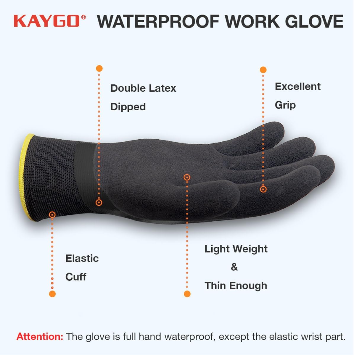 KAYGO Waterproof Work Gloves for Men and Women, Rubber Coated Non-slip Working Gloves for Garden, Outdoor Construction,3 pairs,Black,XL