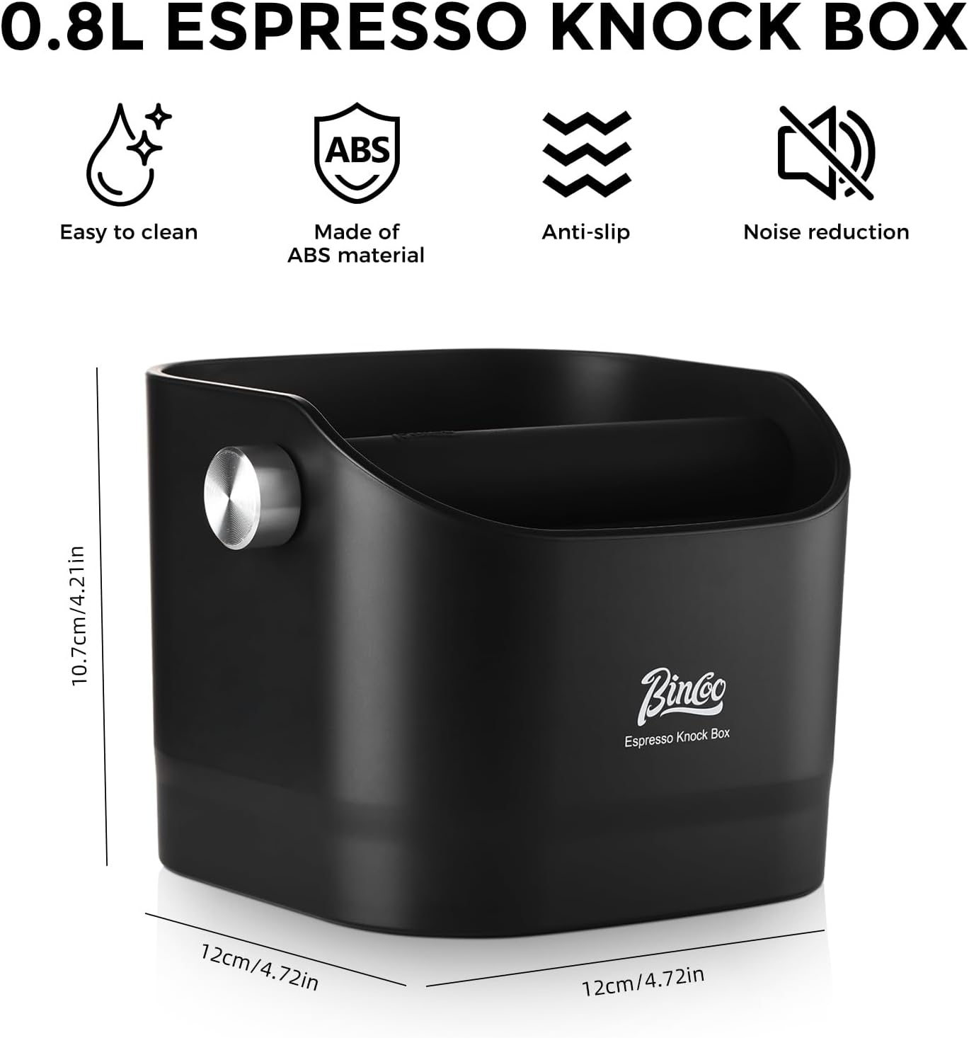 Bincoo Square Coffee Knock Box 0.8L – ABS Espresso Knock Bin with Non-Slip Base, Wide 4.6" Slanted Opening & Detachable Silicone Knock Bar for Easy Cleaning and Quiet Use(Black square)
