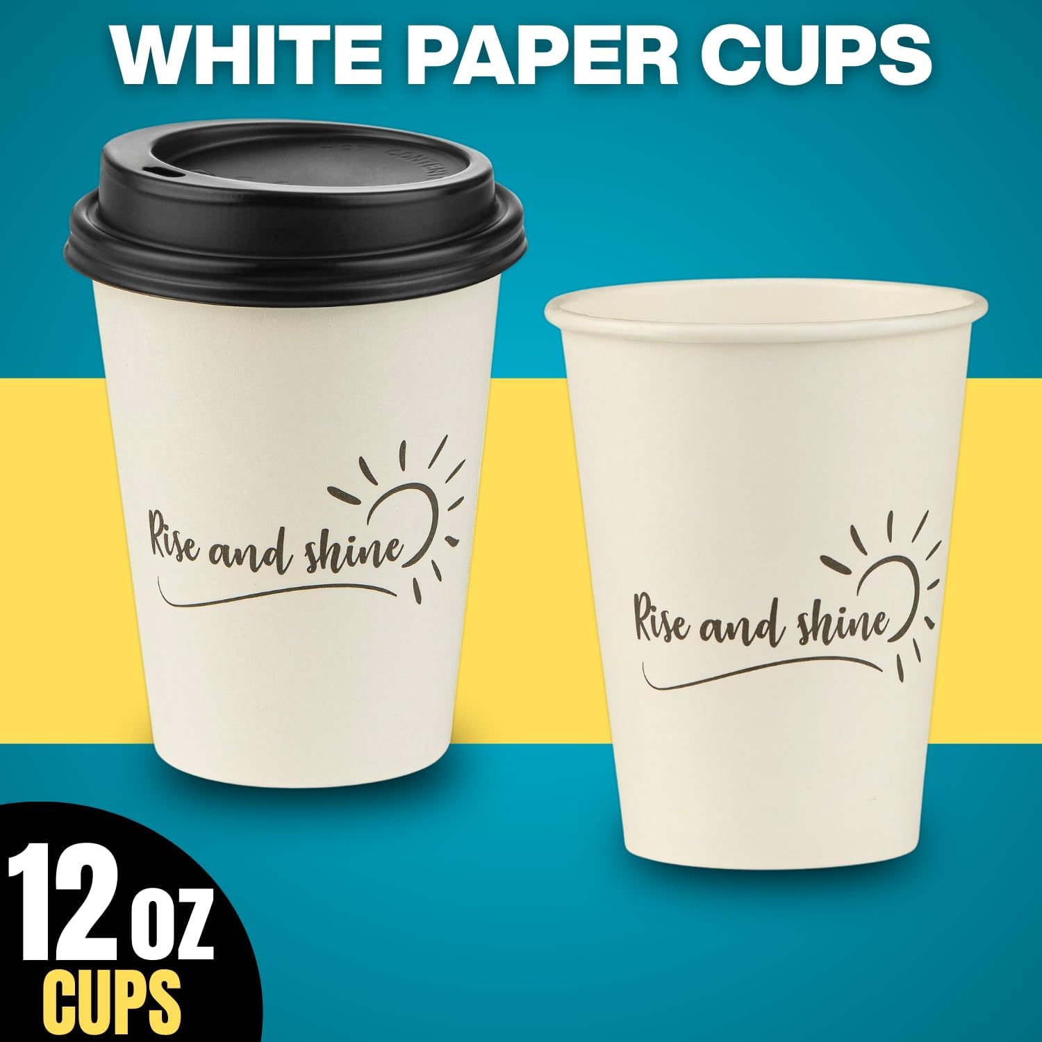 Smygoods Disposable Coffee Cups with Lids, To Go Paper Hot Cups, Rise and Shine Design (12 OZ, 100 Count) For Hot Beverages, Coffee, Tea, Espresso, Cocoa - Vasos Para Cafe