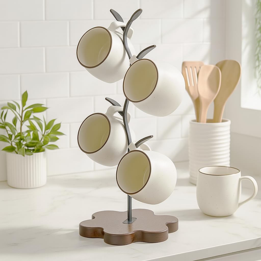 Mug Tree for Coffee Cups – Rustic Mug Holder Stand with 4 Hooks, Countertop Cup Rack for Coffee Bar & Kitchen Organization