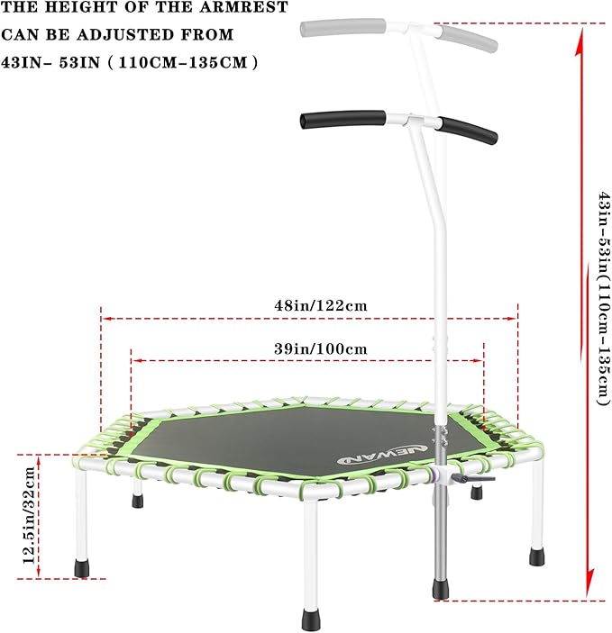 Newan 48'' Fitness Trampoline with Adjustable Handle Bar, Silent Trampoline Bungee Rebounder Jumping Cardio Trainer Workout for Adults - Max Limit 330 lbs