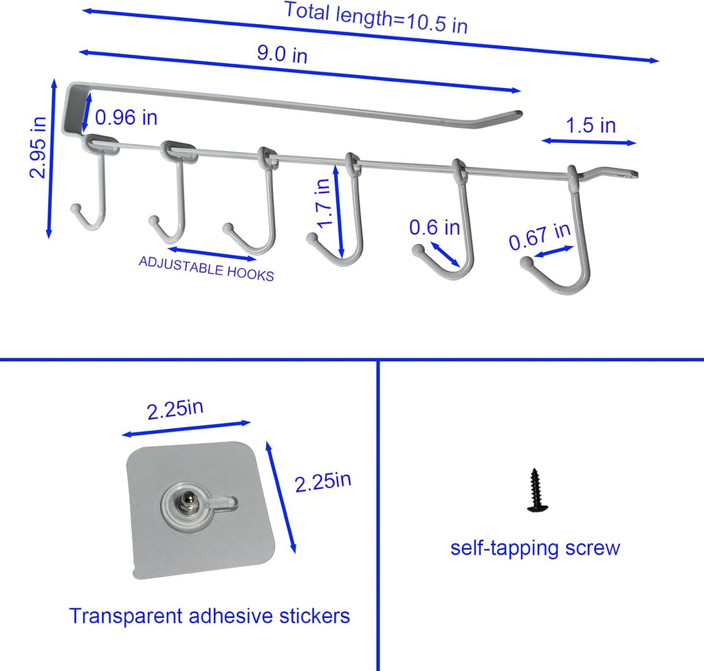 Adjustable Under Cabinet Coffee Mug Holder - Space-Saving Solution for Your Kitchen-Standard Cabinet Water Cup Organizer-2 Sets （12 Mobile Hooks-White）