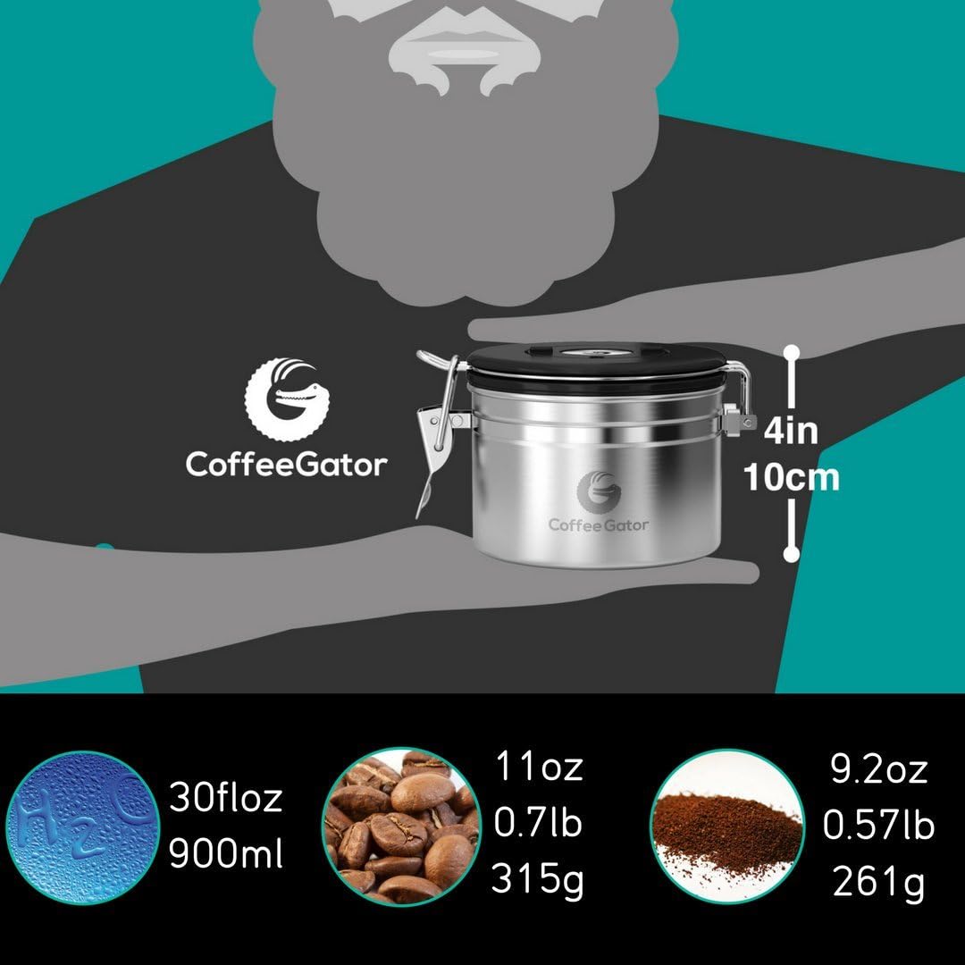 Coffee Gator Coffee Storage - 11oz Small Stainless Steel Tea and Sugar Containers - Stainless Steel Canisters with Date-Tracker, CO2 Valve for Freshness & Scoop - Silver