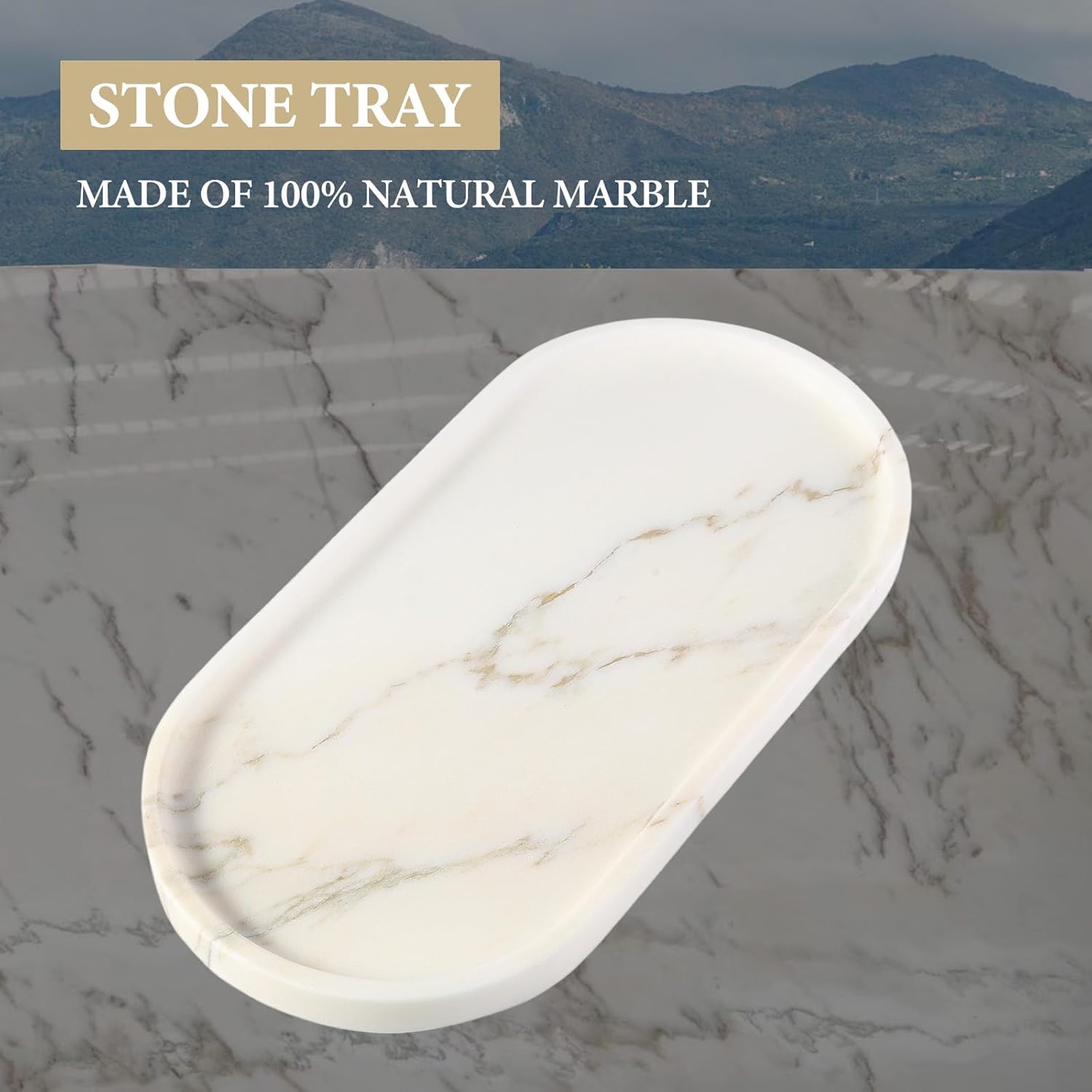 Koville White Marble Tray with Gold Pattern for Bathroom Counter, Stone Trays for Home Decor Marble Vanity Tray, Stone Storage Trays for Perfume, Jewelry, Decorative Tray for Dresser Organizer