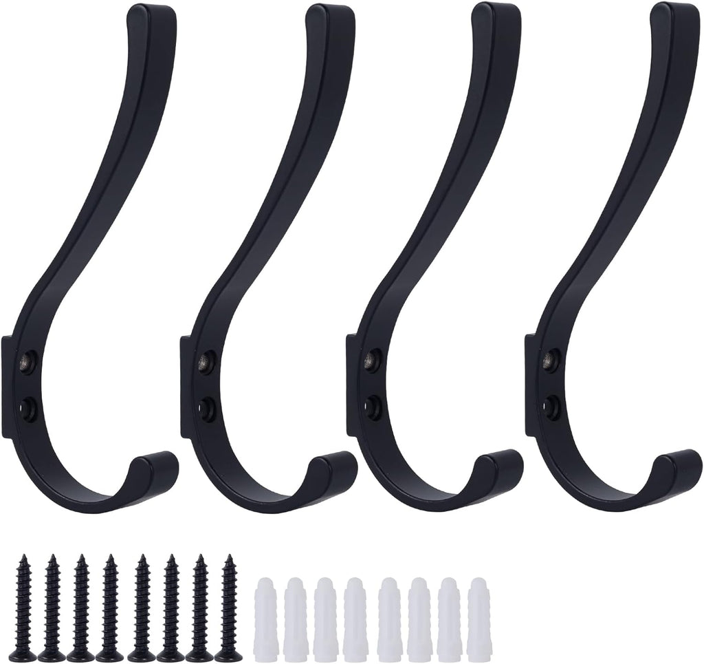 4 Pack Hanging Coat Hooks Wall Mount, Coat Hanger Wall Hangers, Metal Hooks for Hanging Heavy Duty, Screw in Hooks for Hanging Towels, Clothes, Backpack, Hat, Bag, Jacket, Key, Robe, Backpack Black